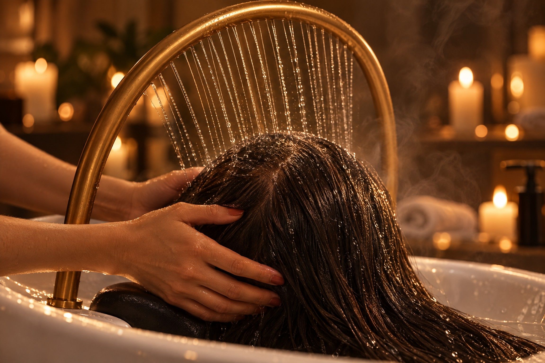 Cheveux dans le bac de head spa sous la pluie tiède de l'arceau doré, mains qui massent le cuir chevelu