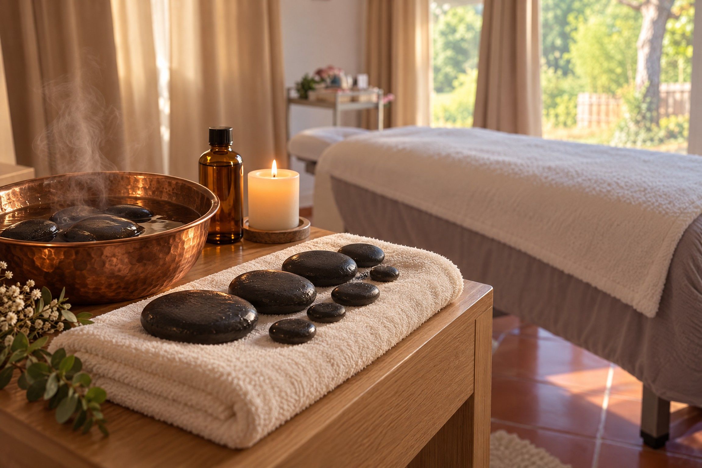 Pierres de basalte chaudes alignées sur une serviette, bol de cuivre fumant et huile de massage près de la table de soin