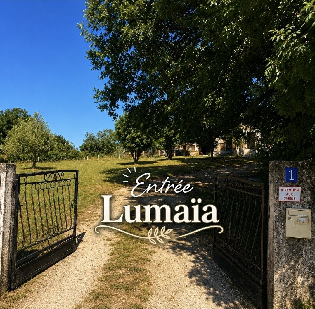 Le portail d'entrée de Lumaïa au 1 avenue de Vacquey, chemin arboré vers le salon