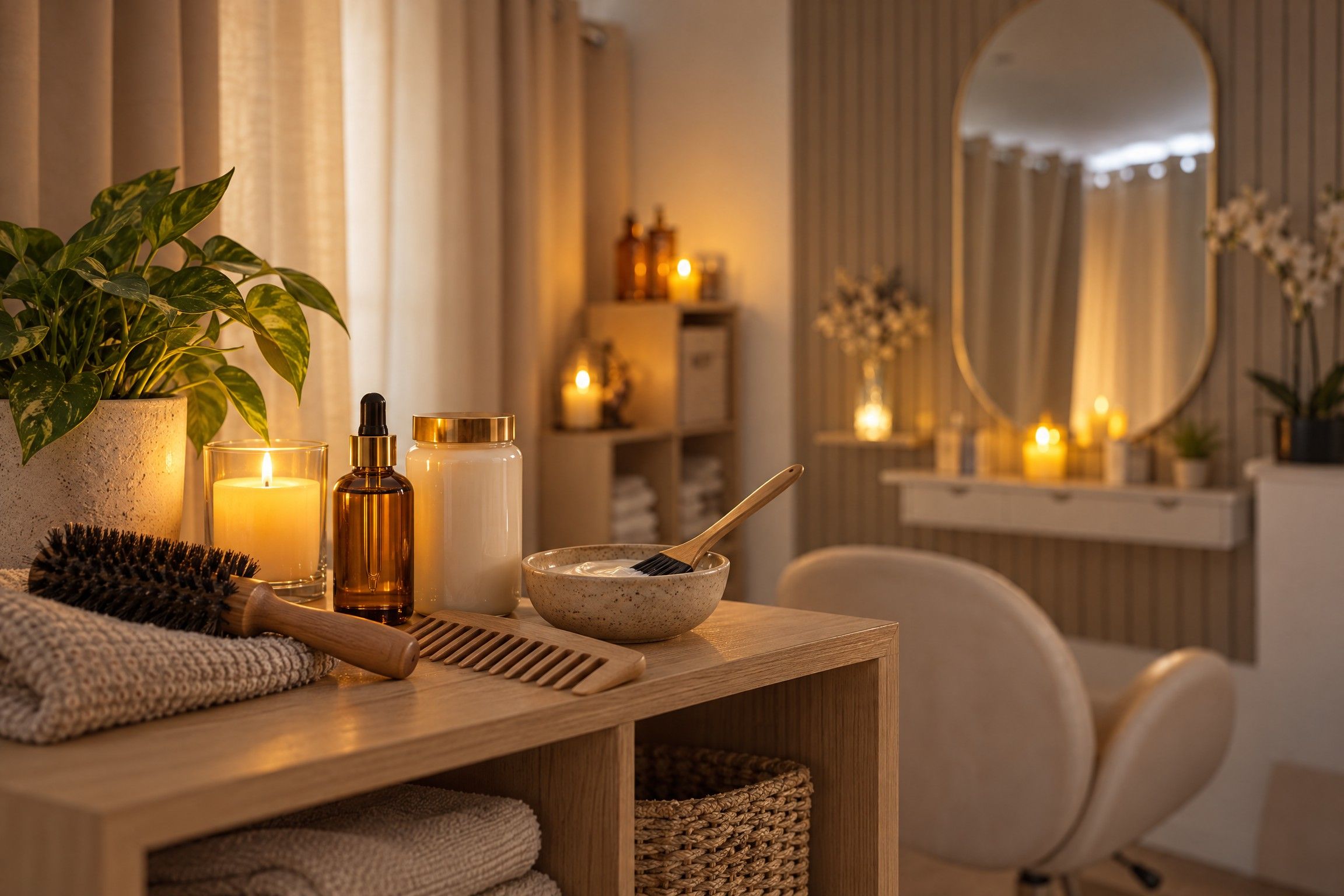 Coin soin des cheveux du salon : flacons de sérum, masque à la kératine, peigne et brosse en bois